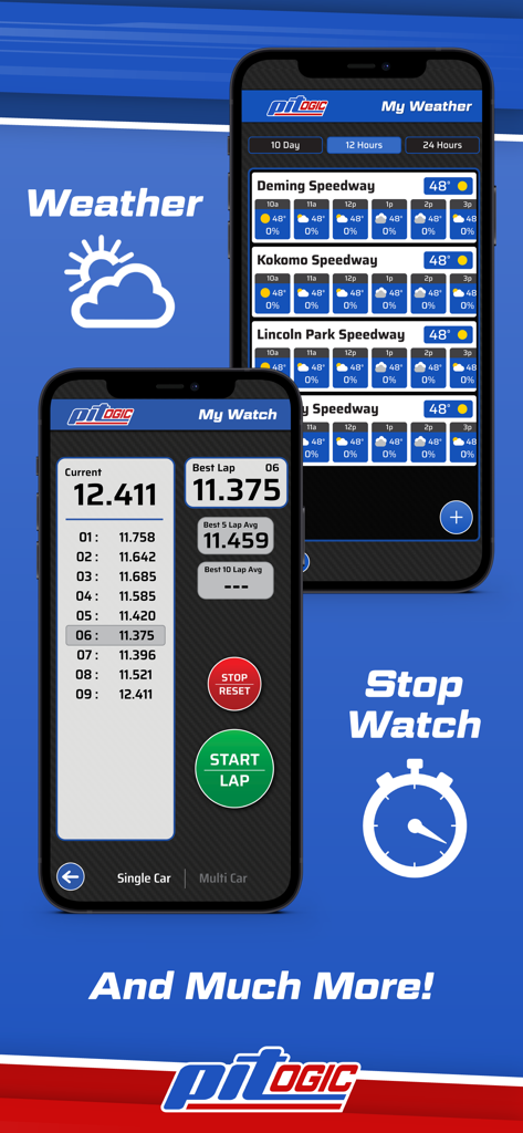 PitLogic - PitLogic app interface showing speedway weather forecasts and a lap timer stopwatch for racing
