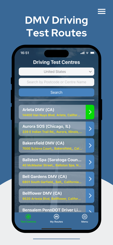 Captura de tela do aplicativo Rotas de Teste de Condução mostrando uma lista de locais do DMV em todos os Estados Unidos