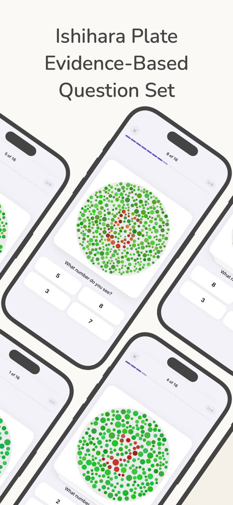 Color Blind Test App - 複数のiPhone画面に、複数の選択肢の質問がある色覚テストプレートが表示されています