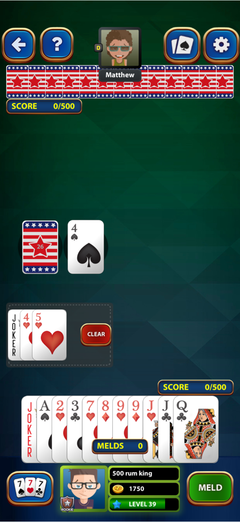Rummy 500 Classic Card Game - Gameplay screen of Rummy 500 showing a player hand and meld options on a green table background