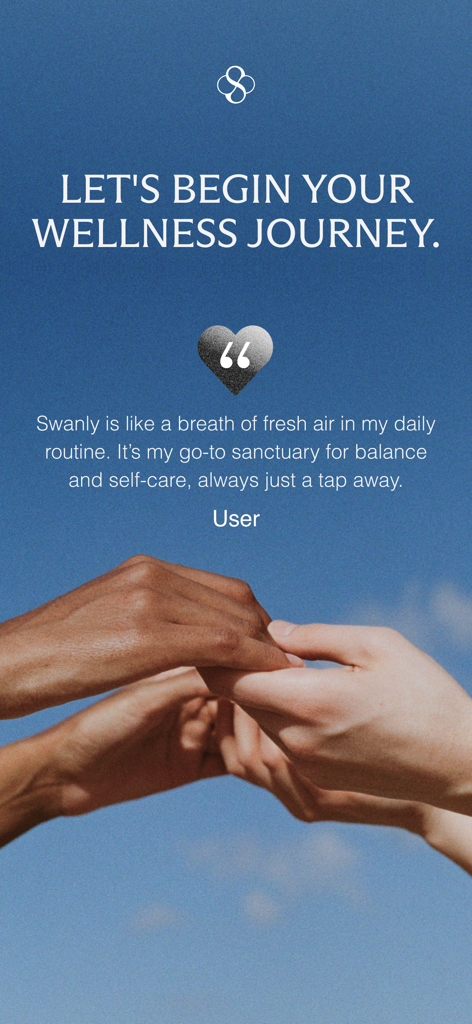 Swanly: Stretch & Mindfulness - Un testimonio de usuario para la aplicación Swanly sobre una foto de manos sosteniendo contra un fondo de cielo azul.