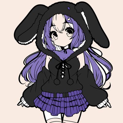 pretty anime girl wearing a fluffy hoodie with bunny ears on the hood and a skirt