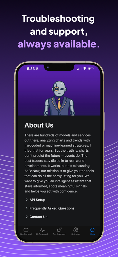 BeNow: AI Crypto Trader Bot - BeNow app support interface with troubleshooting information and AI assistant graphic
