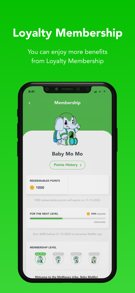 MoMoney - Wallet - MoMoney Wallet loyalty membership screen showing reward points and membership tiers