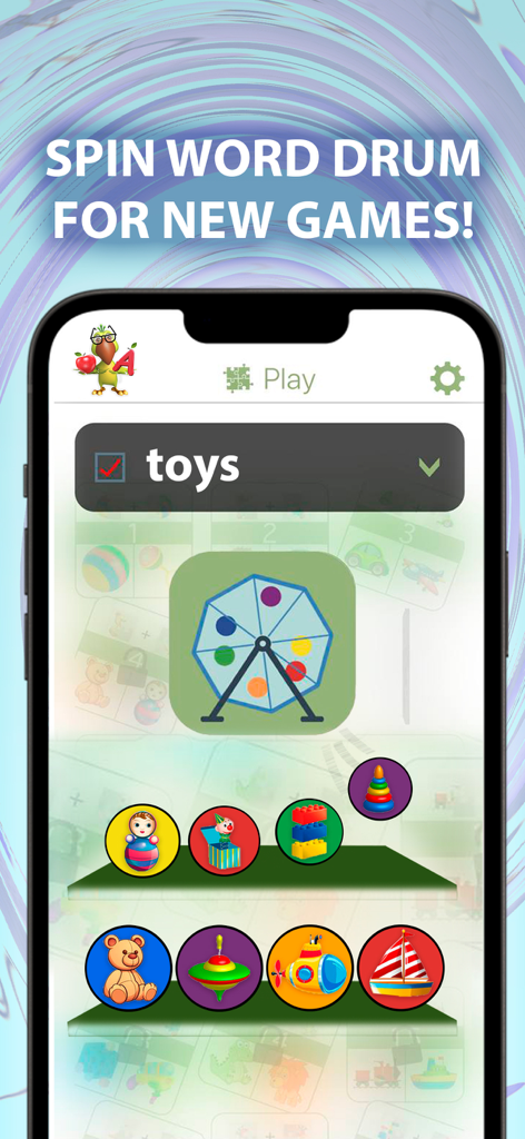 Language Learning ParryLingo - A screenshot of the ParryLingo app showing an interactive toys vocabulary lesson for children with a colorful spin drum and toy icons.