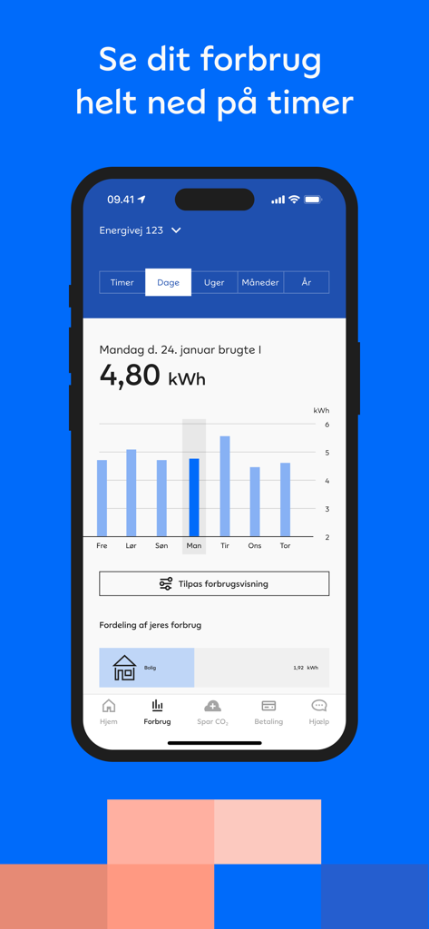Tela do aplicativo Andel Energi mostrando estatísticas diárias de uso de eletricidade em um gráfico de barras