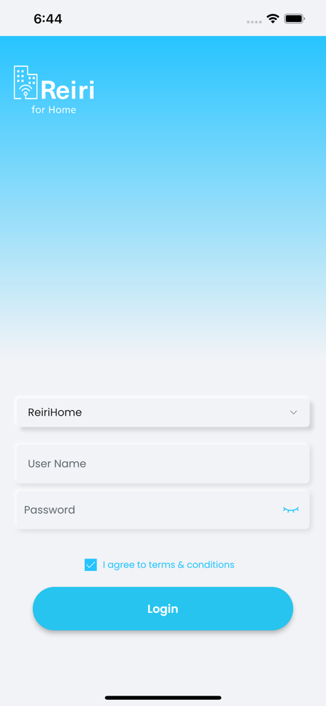 Login screen of the Reiri Home app with fields for username and password