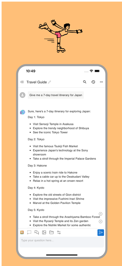 Un itinéraire de voyage de 7 jours au Japon généré par l'assistant IA Chatbox sur un appareil mobile.
