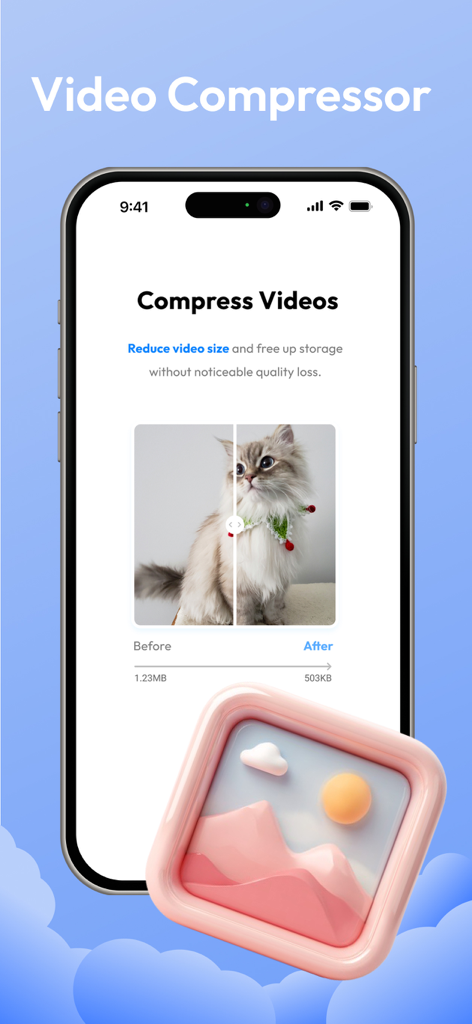 AI Cleanup: Photo Cleaner - AI Cleanup app screen showing video compression from 1.23MB to 503KB