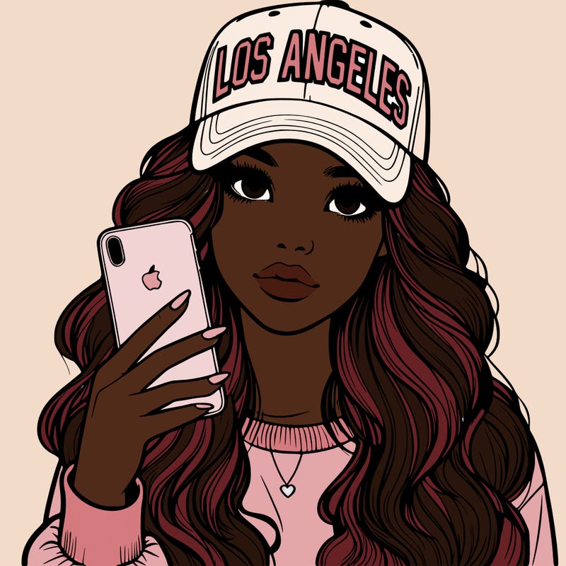 realistic beautiful girl wearing los ángeles cap holding an iphone