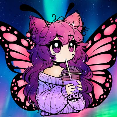 a realistic butterfly/furry girl drinking boba