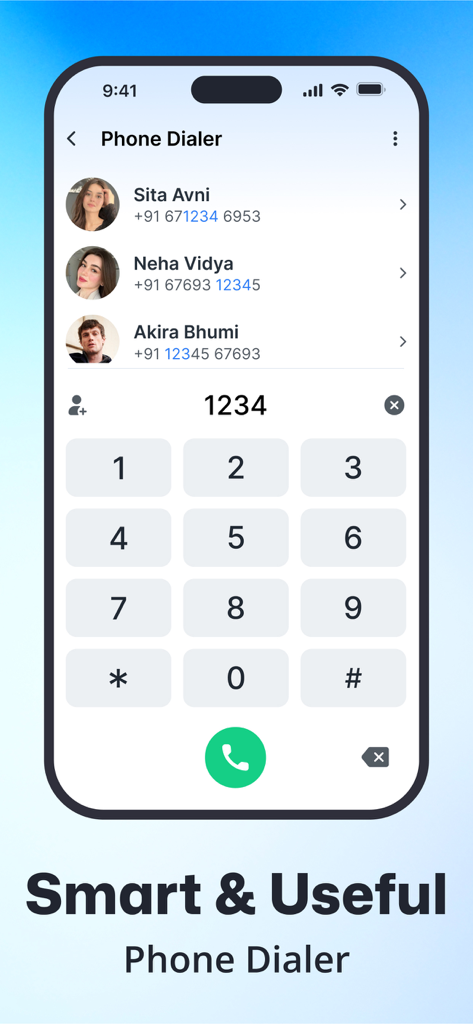 Show Caller ID PRO - Show Caller ID PRO smart phone dialer interface showing contact suggestions with real profile photos and a numeric keypad