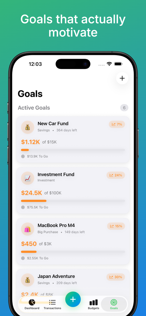 MoneyTalks – Personal Finance - MoneyTalks app screen showing progress bars for various savings goals like a new car investment and travel