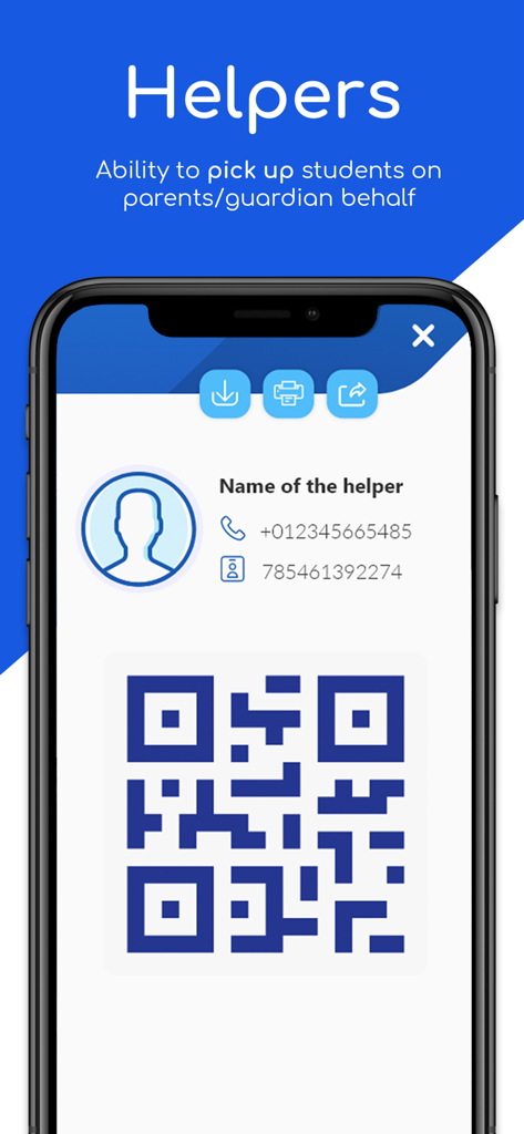 Écran de l'application Blue-Ride montrant un profil d'aide autorisé avec un code QR pour l'enlèvement d'un enfant à l'école