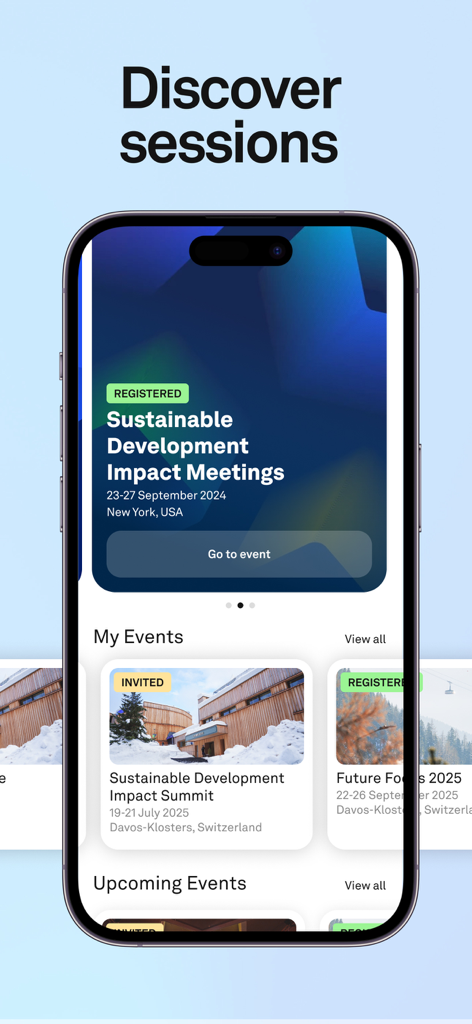 Forum Live - Smartphone interface of the Forum Live app displaying event sessions and a list of registered World Economic Forum meetings