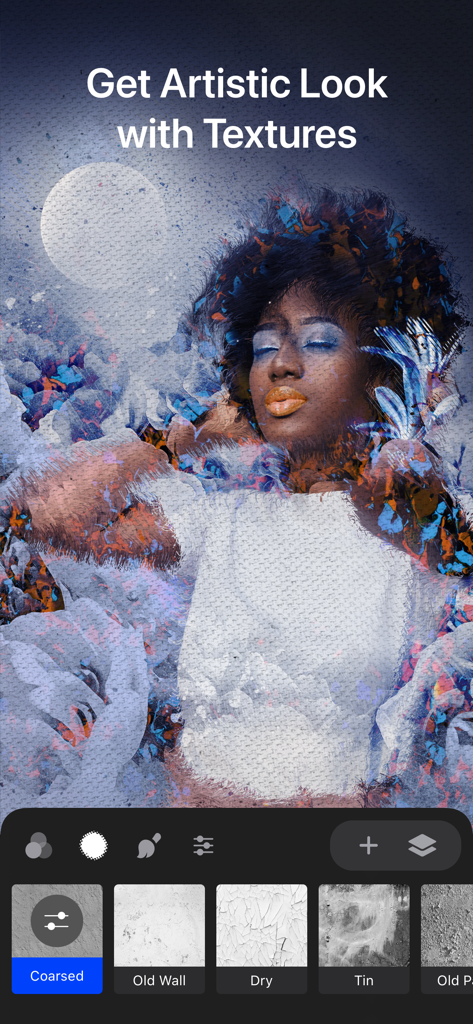 Trigraphy Photo Art Editor - Trigraphy app screen showing a woman's portrait with artistic textures applied