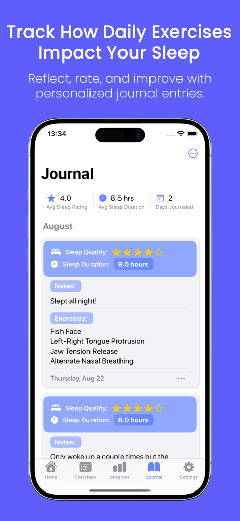 Sleep Apnea & Snore Exercises - Pantalla del diario personalizado rastreando la calidad del sueño y los ejercicios de las vías respiratorias para la apnea del sueño.