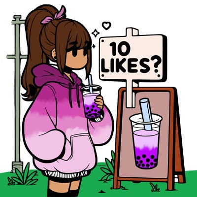 girl with oversized hoodie drinking boba and she has a high ponytail with a sign that says 10likes?