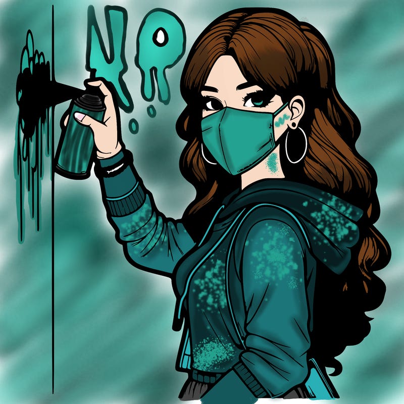 realistic girl with mask spray painting a wall