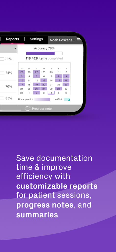 Panel de la aplicación Constant Therapy Clinician que muestra informes automatizados de progreso del paciente y seguimiento de datos de terapia