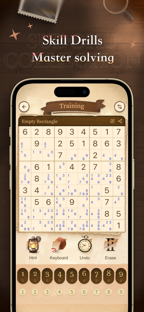 Sudoku - Retro Puzzle Games - Pantalla de teléfono móvil mostrando un nivel de entrenamiento de Sudoku con estilo de pergamino vintage y ejercicios de técnicas de lógica.
