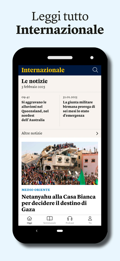 Internazionale - Internazionaleモバイルアプリのホーム画面。イタリア語で最新の国際ニュースの見出しが表示されています。