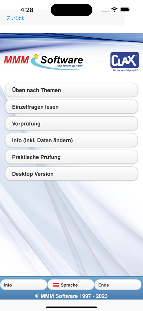 MMMApp - Hauptbildschirm der MMMApp mit Schaltflächen für die Vorbereitung auf die Führerscheinprüfung und Informationen.