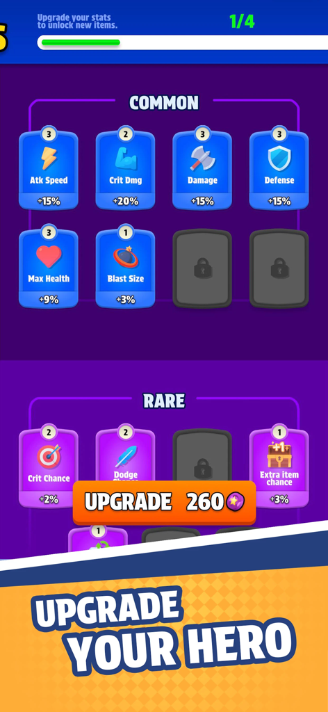 Bag Fight - A game menu screen showing common and rare hero stat upgrades for attack speed defense and health
