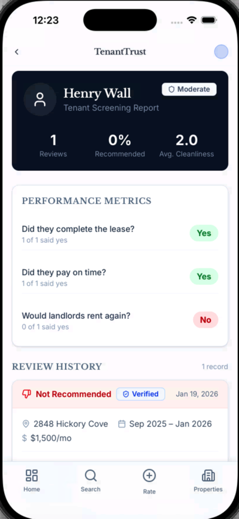 TenantTrust for Landlords - TenantTrust app interface showing a tenant screening report with performance metrics and ratings