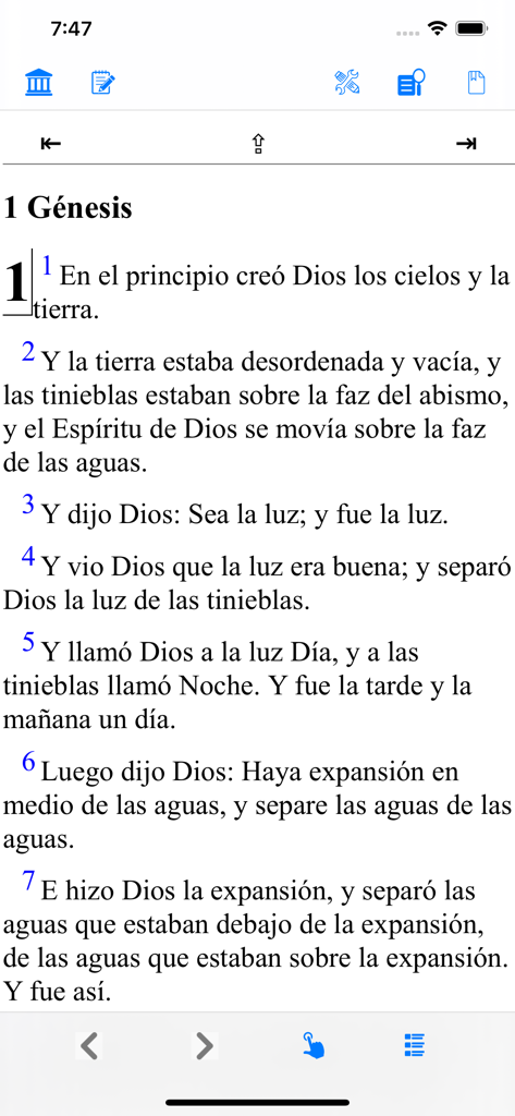 Santa Biblia Ver: Reina Valera - Spanish Reina Valera Bible app showing Genesis chapter one text