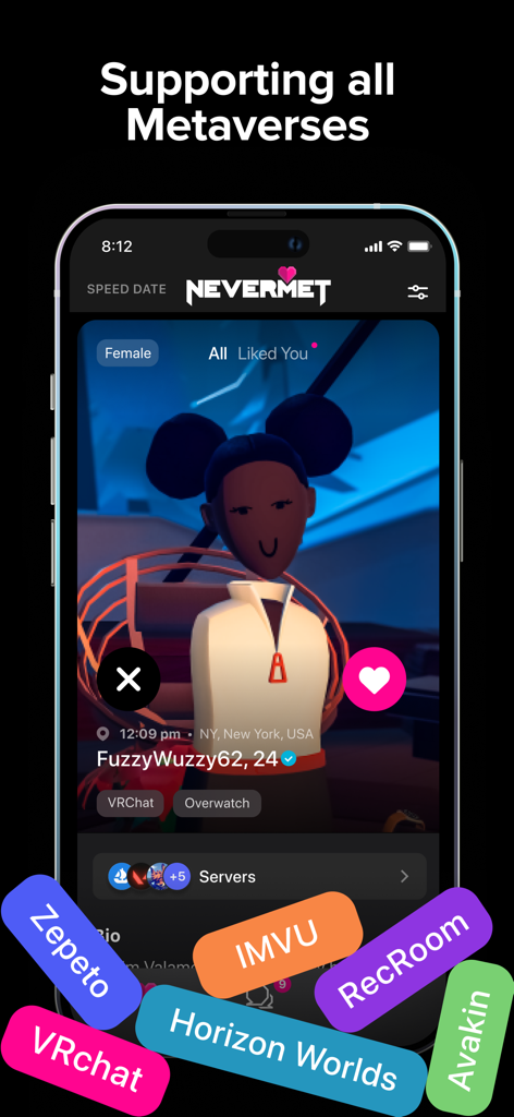 Interface de l'application mobile Nevermet montrant un profil d'avatar VR et les logos de diverses plateformes de métavers prises en charge comme VRChat et RecRoom.