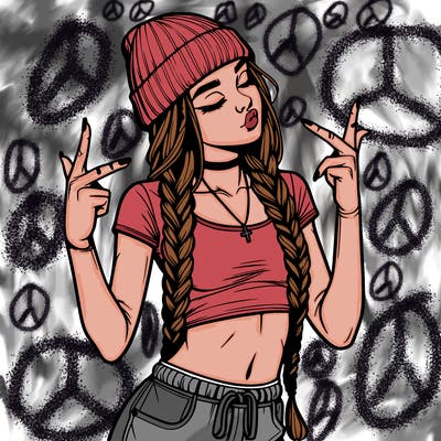 realistic teenage girl with braids and a beanie and crop top doing 🫶🏼