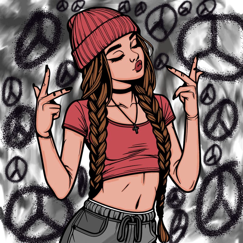 realistic teenage girl with braids and a beanie and crop top doing 🫶🏼
