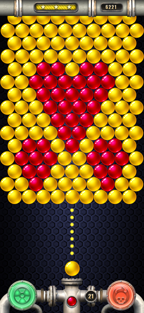 Bubble shooter gameplay screen showing a pattern of yellow and red bubbles with an aiming line