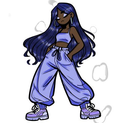 girl in baggy pants crop top and long hair