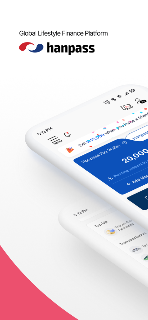Hanpass 모바일 앱 인터페이스는 글로벌 라이프스타일 금융 플랫폼 및 디지털 지갑 기능을 보여줍니다.