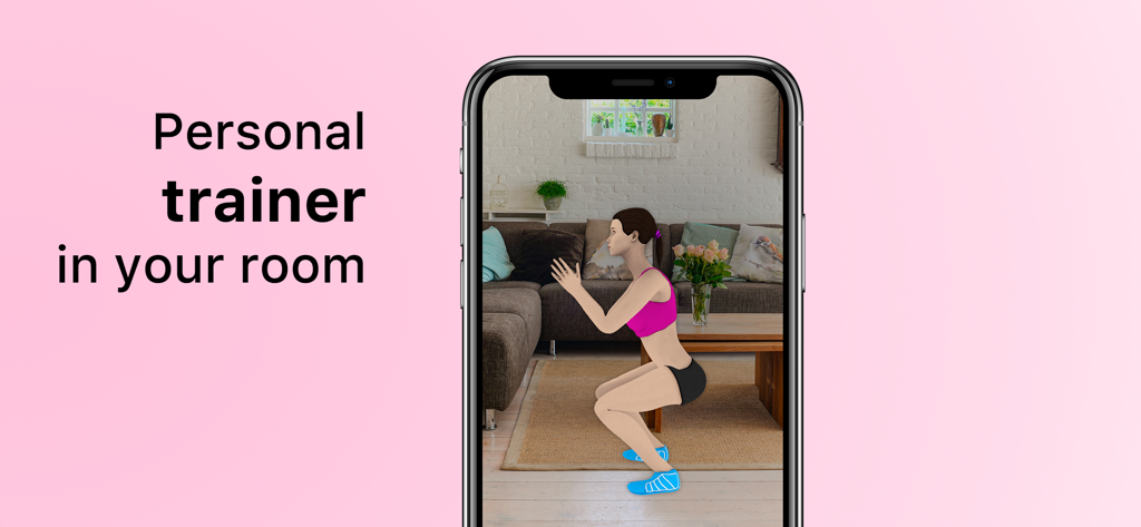 Women Workout ™ HIIT Exercise - Un entrenador personal virtual 3D realizando una sentadilla en una sala de estar utilizando realidad aumentada en un smartphone.