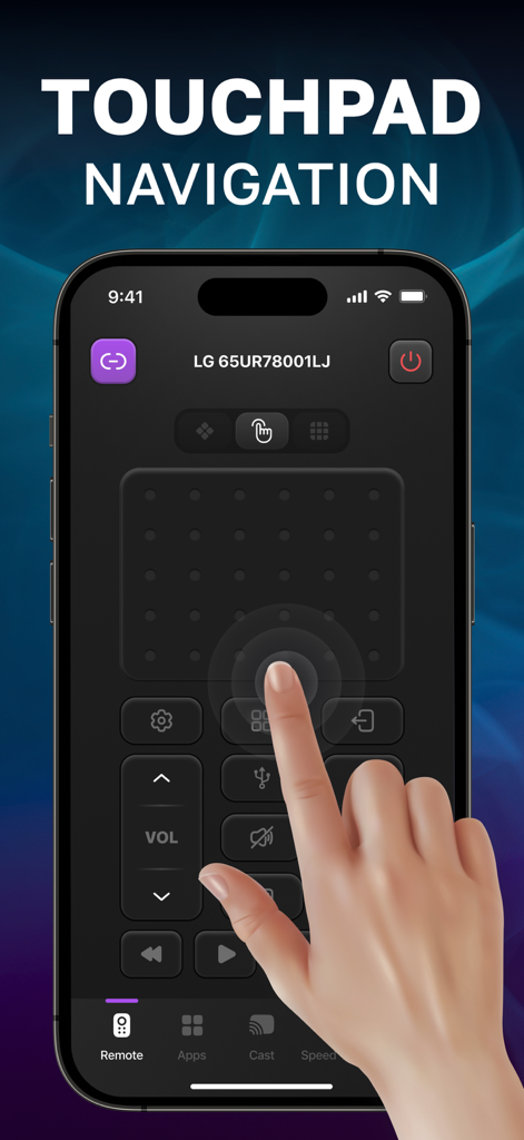Universal TV Remote Control 。 - Una mano usando la navegación del panel táctil virtual en un iPhone para controlar un Smart TV