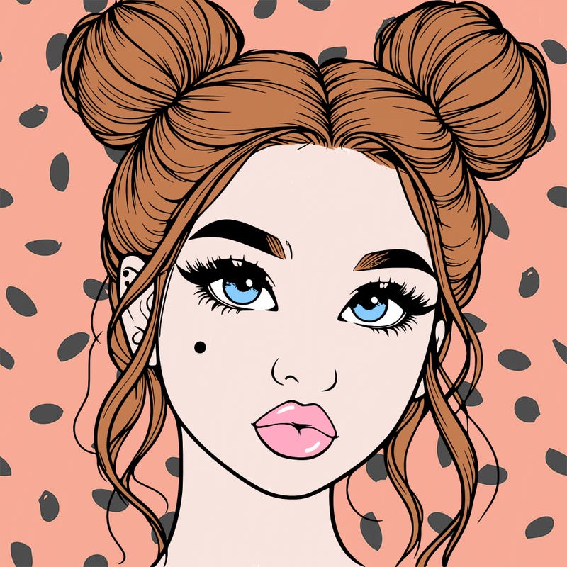 realistic girl with two buns on her hair and lips