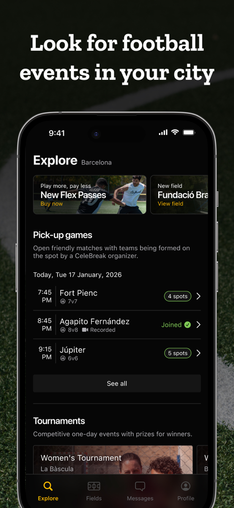 Mobile app screen for CeleBreak showing available soccer pick-up games and tournaments in Barcelona