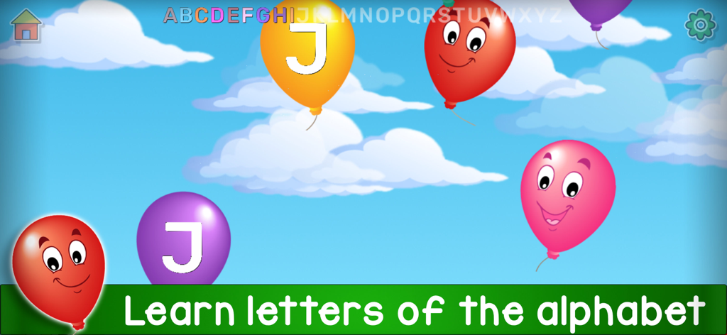 Kids Balloon Pop Language Game - Niño pequeño aprendiendo el abecedario con globos coloridos flotando en un cielo azul nublado