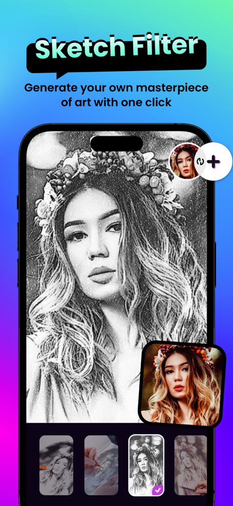 SnapMe app interface displaying a portrait transformed into a realistic pencil sketch with various filter options.
