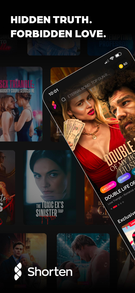 Shorten: Drama Shorts & Series - Interfaccia dell'app Shorten che mostra una varietà di copertine di serie brevi drammatiche e romantiche.