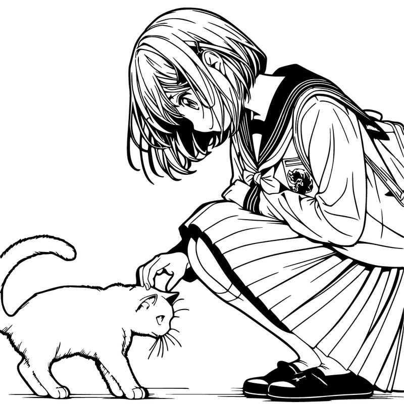 realistic anime girl bending down to pet a cat