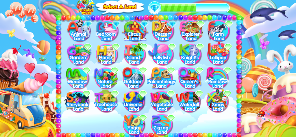 Alphabet level selection menu featuring themed lands like Animal Land and Circus Land in a colorful candy-themed world.