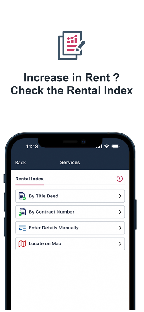 Dubai REST mobile app interface showing the Rental Index service options