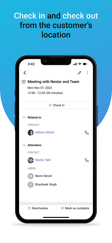 Freshsales - App CRM mobile Freshsales che mostra i dettagli della riunione con un pulsante di check-in e le informazioni di contatto