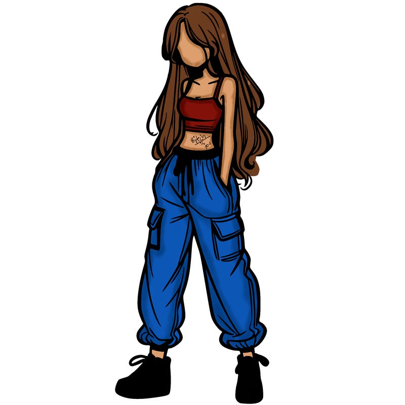 girl in baggy pants crop top and long hair