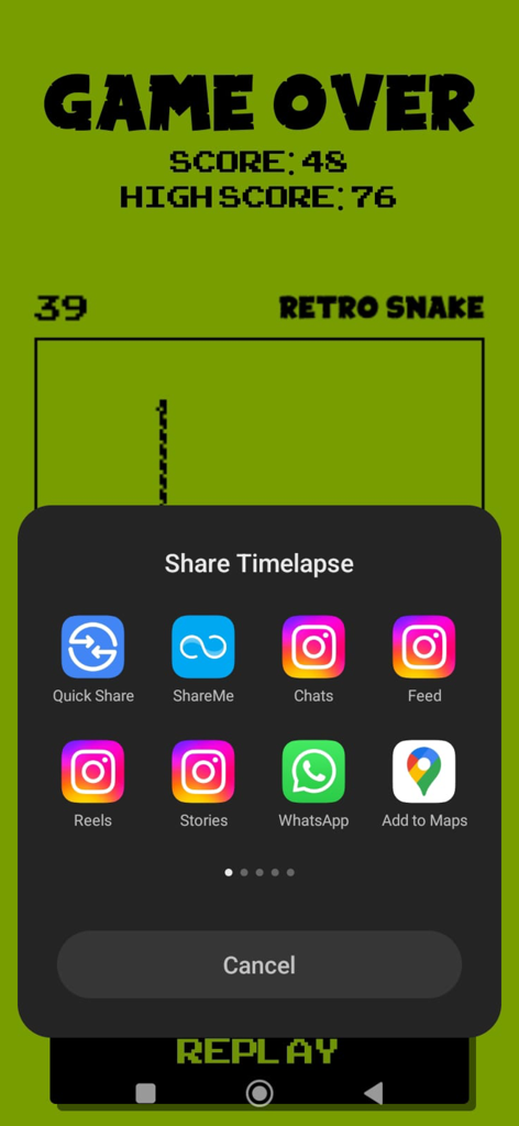 Tela de fim de jogo do Retro Snake com um pop-up de compartilhamento de timelapse mostrando ícones de mídias sociais