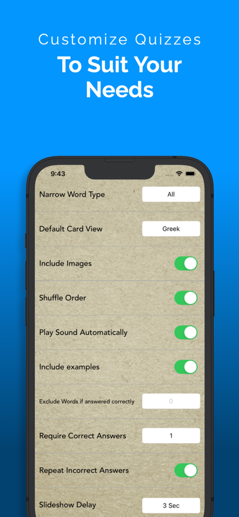 FlashGreek: Mounce edition - FlashGreek Mounce Edition app screen showing various settings to customize Biblical Greek vocabulary quizzes